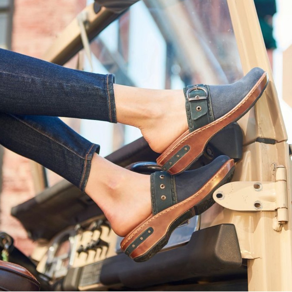 Born Banyan Blue Suede Distressed Leather Slip On Buckle StrapOpen Back Clogs 11